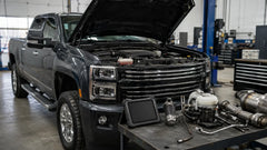L5P Duramax truck diagnostics in repair shop.