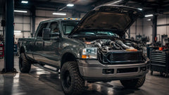 Diesel truck with open hood in garage