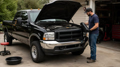 Truck owner prepares to change oil on a 7.3 Powerstroke diesel