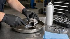 Mechanic cleaning carbon buildup from a removed EGR valve on a garage workbench